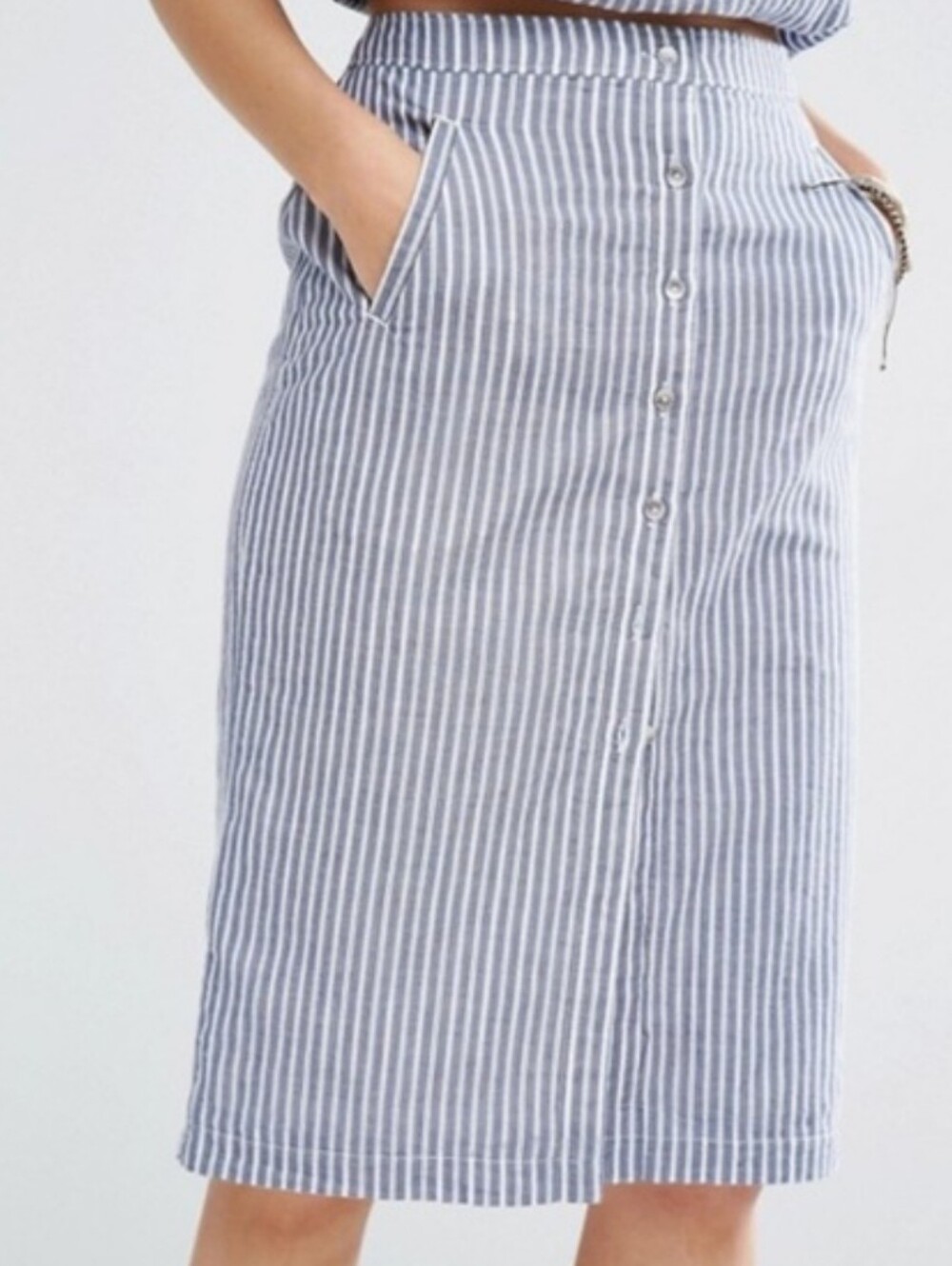 Abercrombie & Fitch 100% Cotton Blue and White Striped Button-Front Midi Skirt